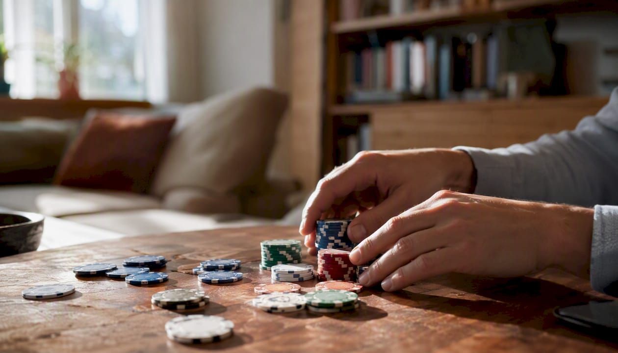 Un par de manos repasan y cuentan fichas de casino sobre la mesa, asegurándose de tener el monto correcto antes de seguir jugando.