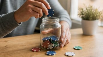 Una mano echando fichas de casino dentro de un tarro lleno de bonos