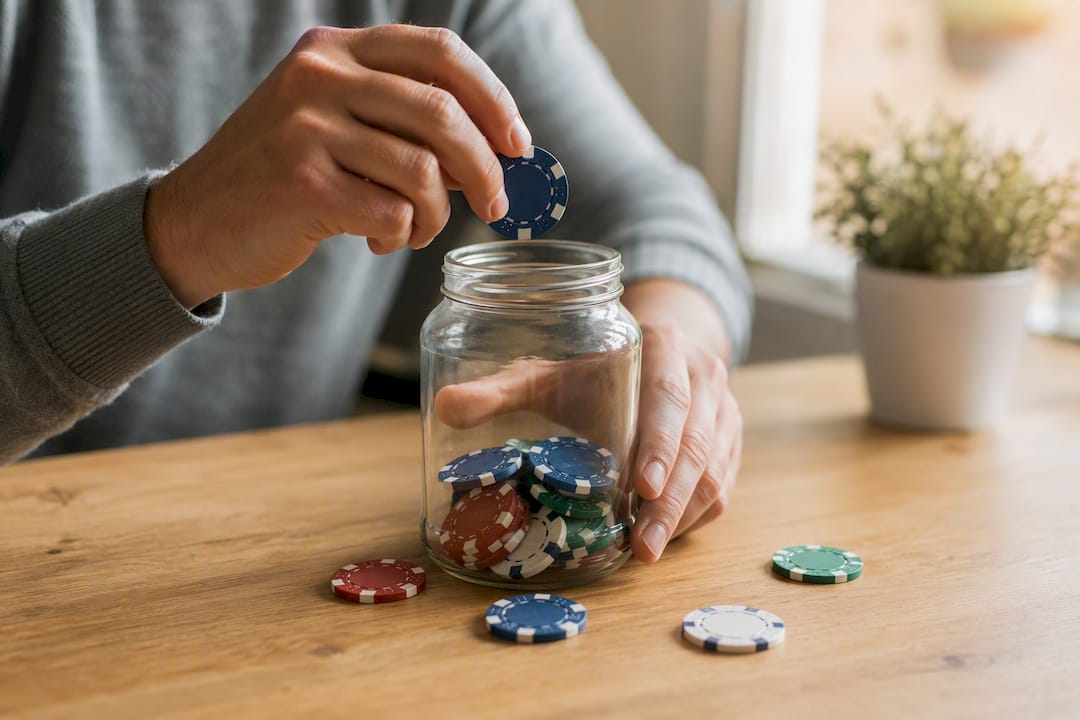 Una mano echando fichas de casino dentro de un tarro lleno de bonos