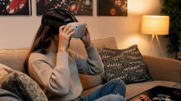 Jugador con casco de realidad virtual en un casino