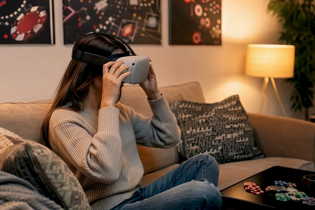 Jugador con casco de realidad virtual en un casino