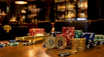 Fichas de Bitcoin y fichas de casino sobre la mesa de juego