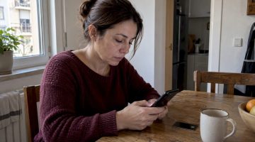 Mujer consulta un casino en línea antes de hacer un depósito